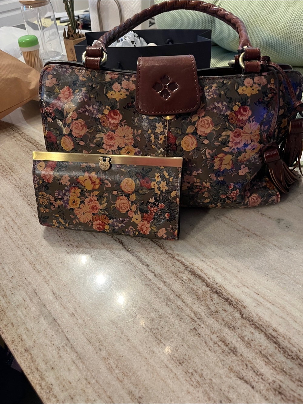 Patricia Nash Floral Print Shoulder Satchel in Brown with Tassel Accent w/wallet
